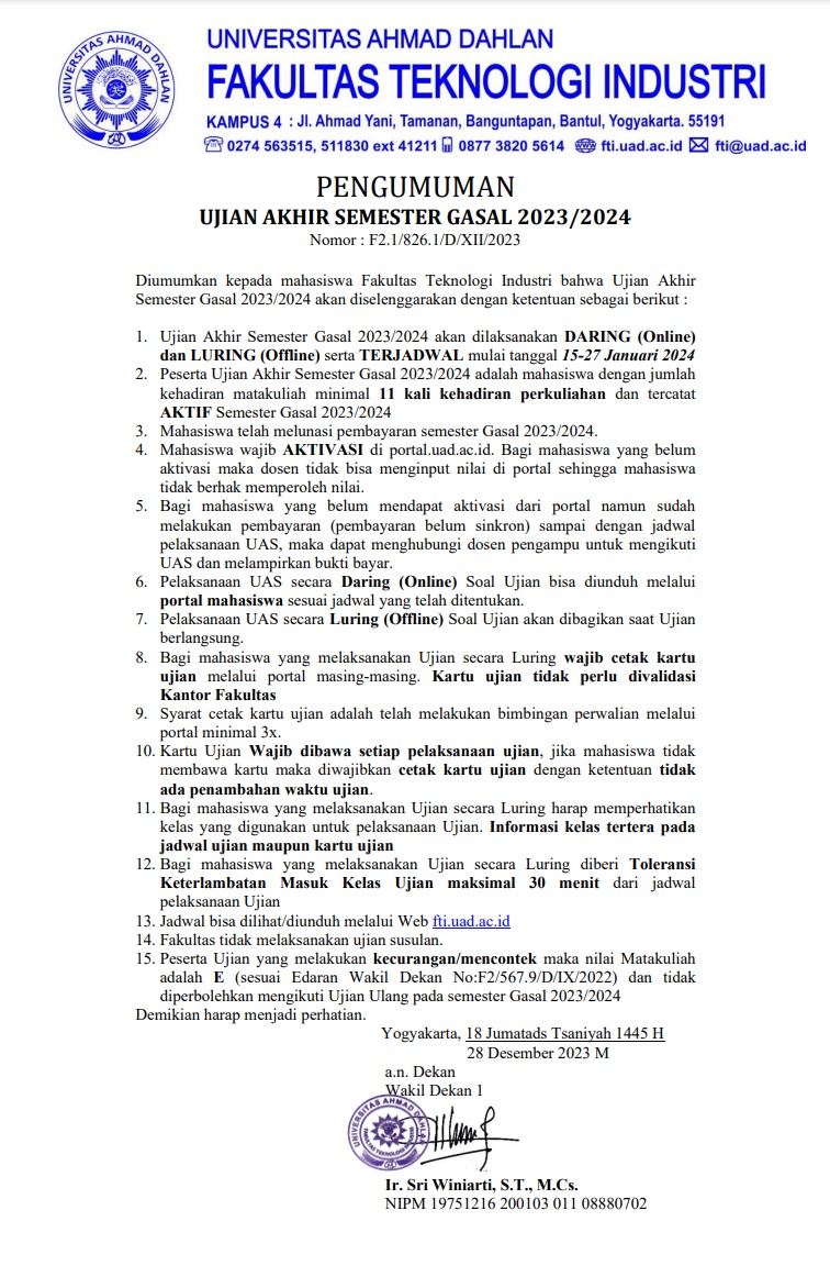 Ketentuan Ujian Akhir Semester Gasal 2023/2024, FTI UAD - Program Studi ...